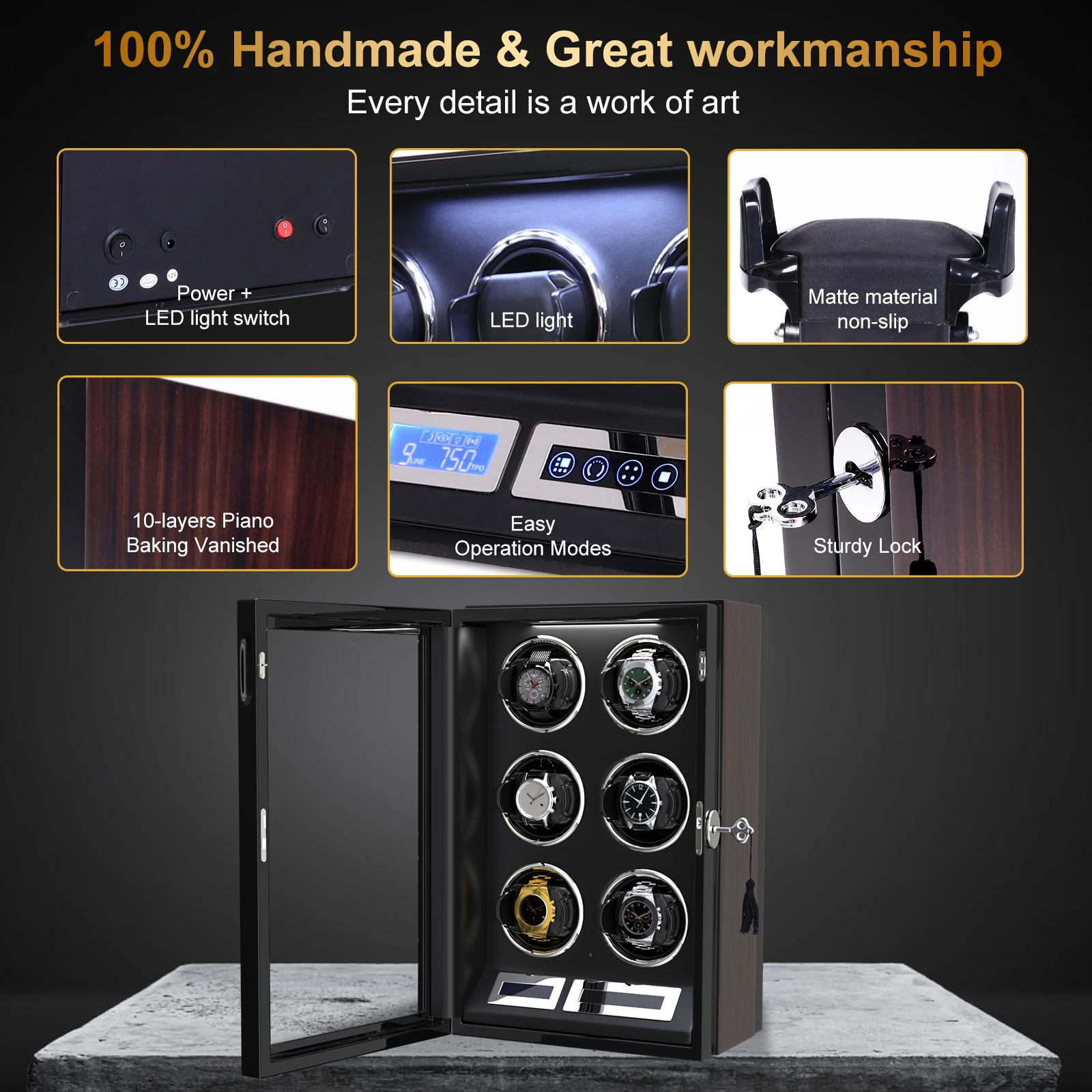 Kotak Winder jam tangan 6 Slot otomatis, jam tangan Winder hitam dengan lampu LED layar sentuh kendali jarak jauh