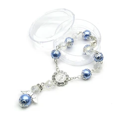 QIGO Angel Baptism Beads Imitation Pearl Crystal Rosary Bracelet With Box Saint Benedict Religious Jewelry White Blue