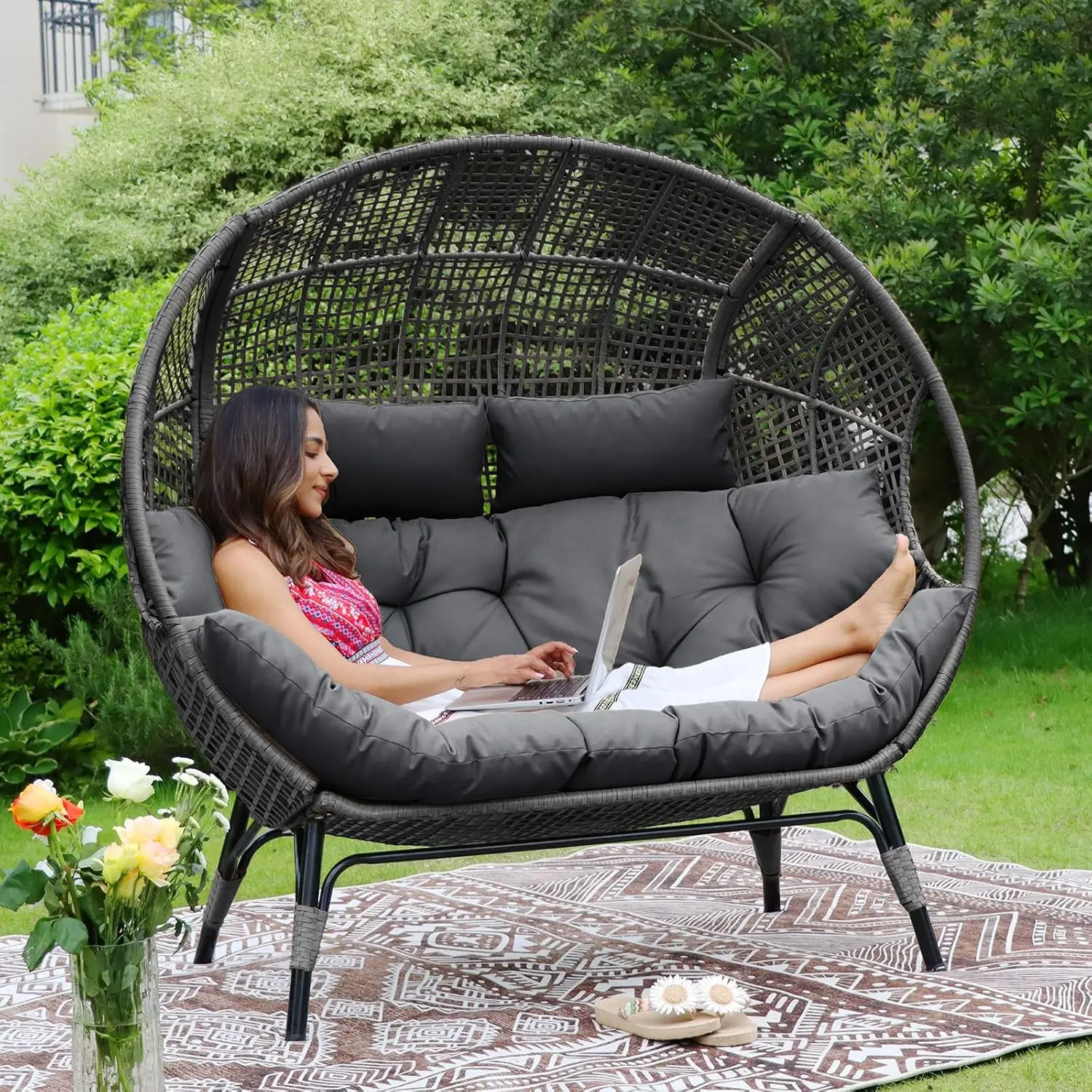 

Egg Chair Indoor Outdoor Stationary Oversized Thicken Padded Cushions,for Patio Balcony Porch Backyard Gray