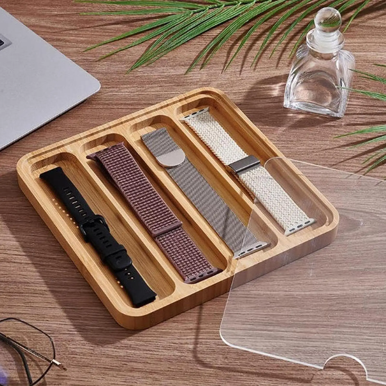 Bamboo Watch Band Organizer Display Case Tray Storage Holder Acrylic Top Jewelry for Cabinet