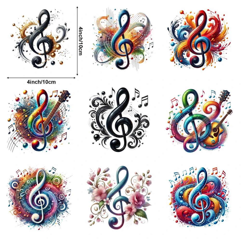 9 Pcs Musical Note Art Designs Iron On Transfer Patches for Clothing T-Shirt Jeans Applications iron on decals DTF Transfers