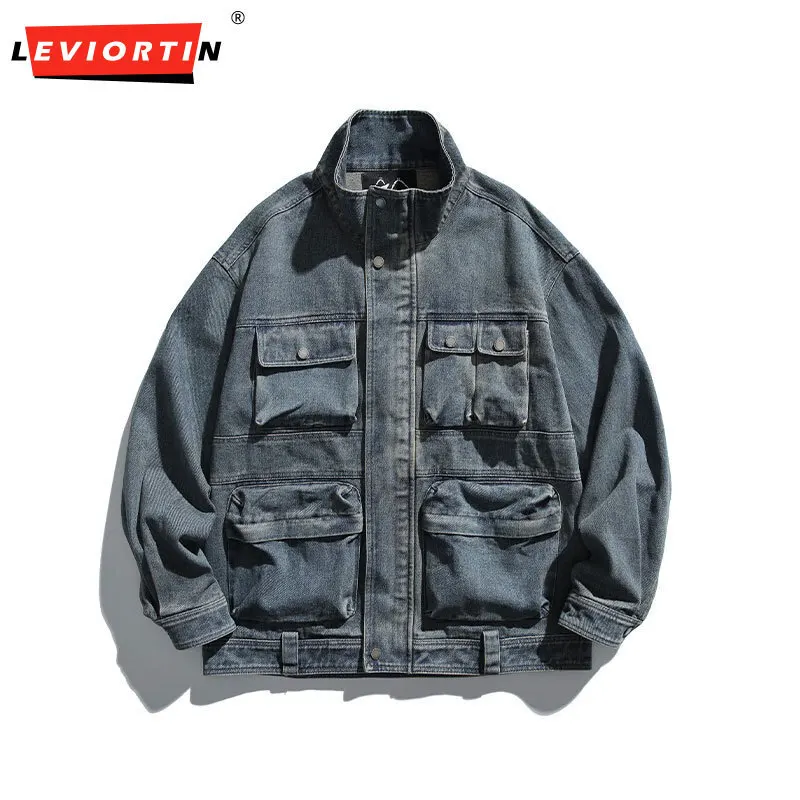 New spring 2024 multi pocket stand up collar hip-hop retro fashion versatile loose couple denim solid color jacket TF-JK731