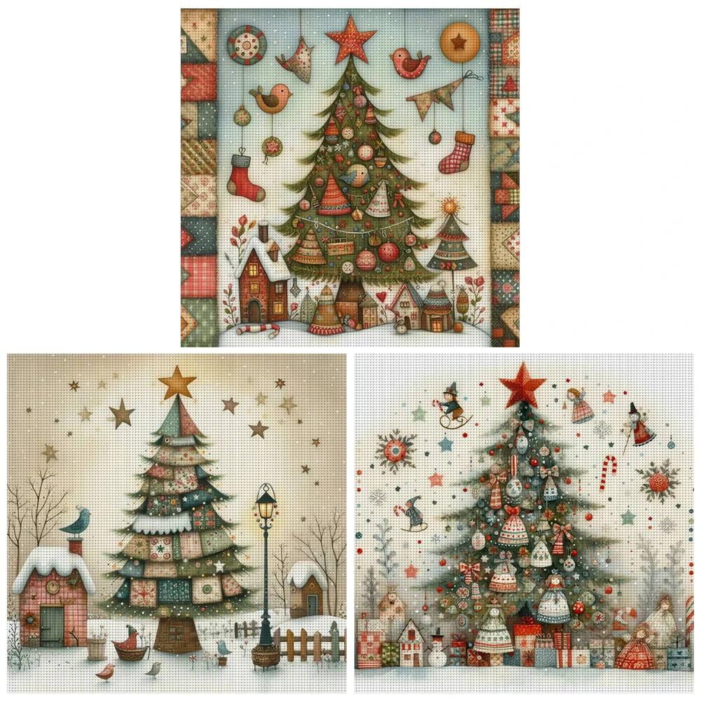 Full Embroidery Eco-cotton Thread 11CT Printed Xmas Tree Cross Stitch Kit Art