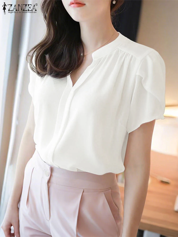 

Elegant Lady Blouse ZANZEA Women Short Sleeve Solid Chiffon Shirts 2025 Fashion Summer Tunic Tops V-Neck Pleated Ruffled Blusas