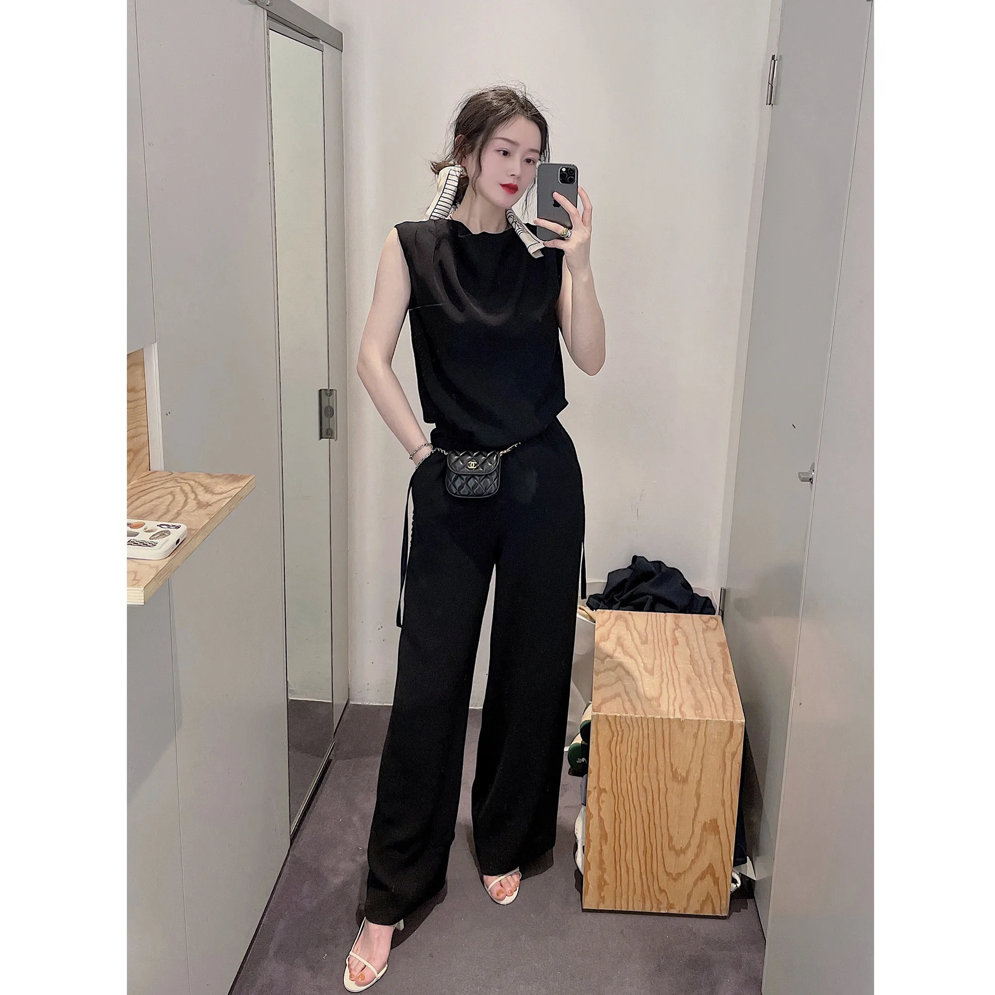 

Ele Bla Dstring Wide Leg Jumpsuit Women's Svel Gored Collar Spring Summer New Arrival High Waist Polyester
