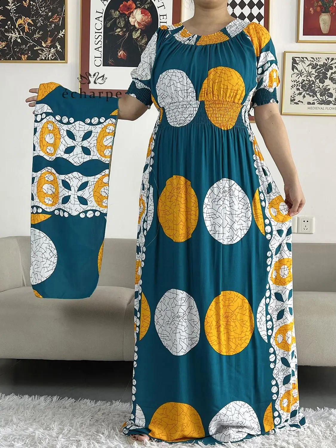 Latest African Dashiki Cotton Floral Dress Printed Short Sleeve Collect Waist Straight Loose African Women Dress with Scarf