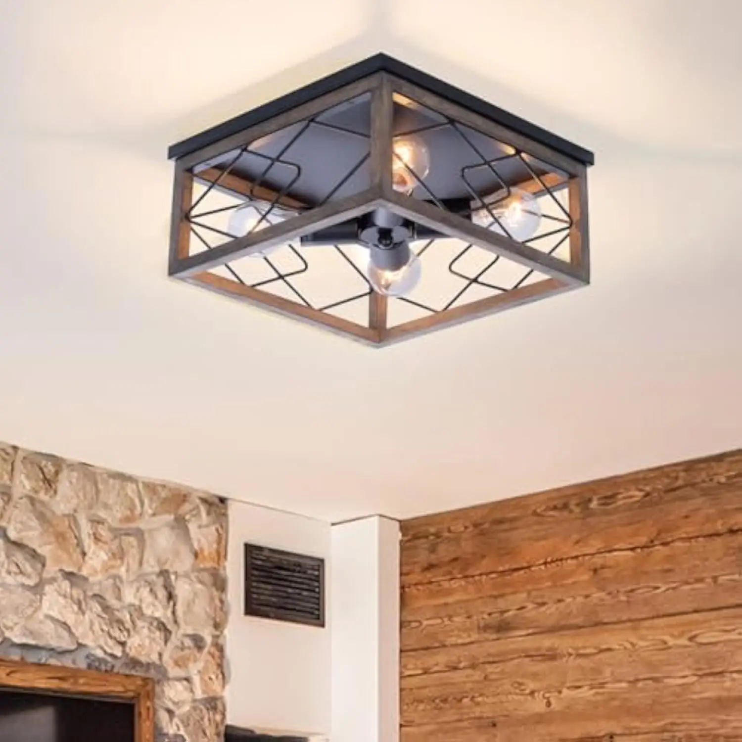 

Farmhouse Wood Flush Mount Ceiling Light 4 Lights Square Close to Ceiling Lamp Rustic for Entryway Kitchen Hallway Dining Room