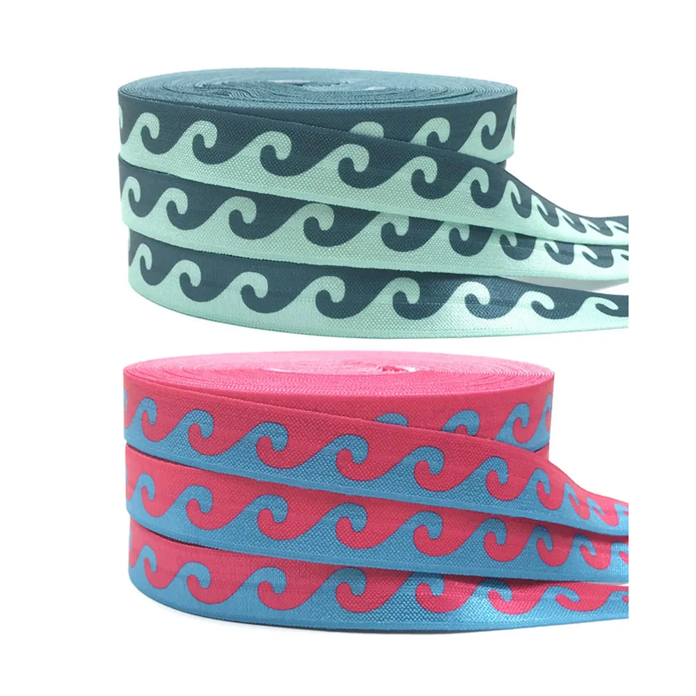 

10Yard Sea Wave Print 2 Colors Fold Over Elastic 15MM FOE Ribbon For DIY Headwear Gift Webbing Accessories