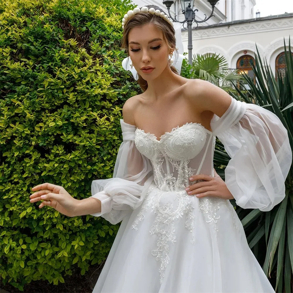 Vestidos de casamento princesa A Line para mulheres, manga folhada, apliques, sem alças, costas com renda, vestido de noiva, vestido elegante