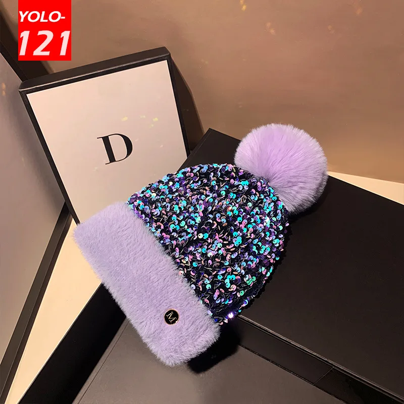 Shine Hats Women Winter Warm Knitted Hats Sequins Cute Dome Bonnet Warm Fashion Woolen Hats Casual Solid Beanies for Women