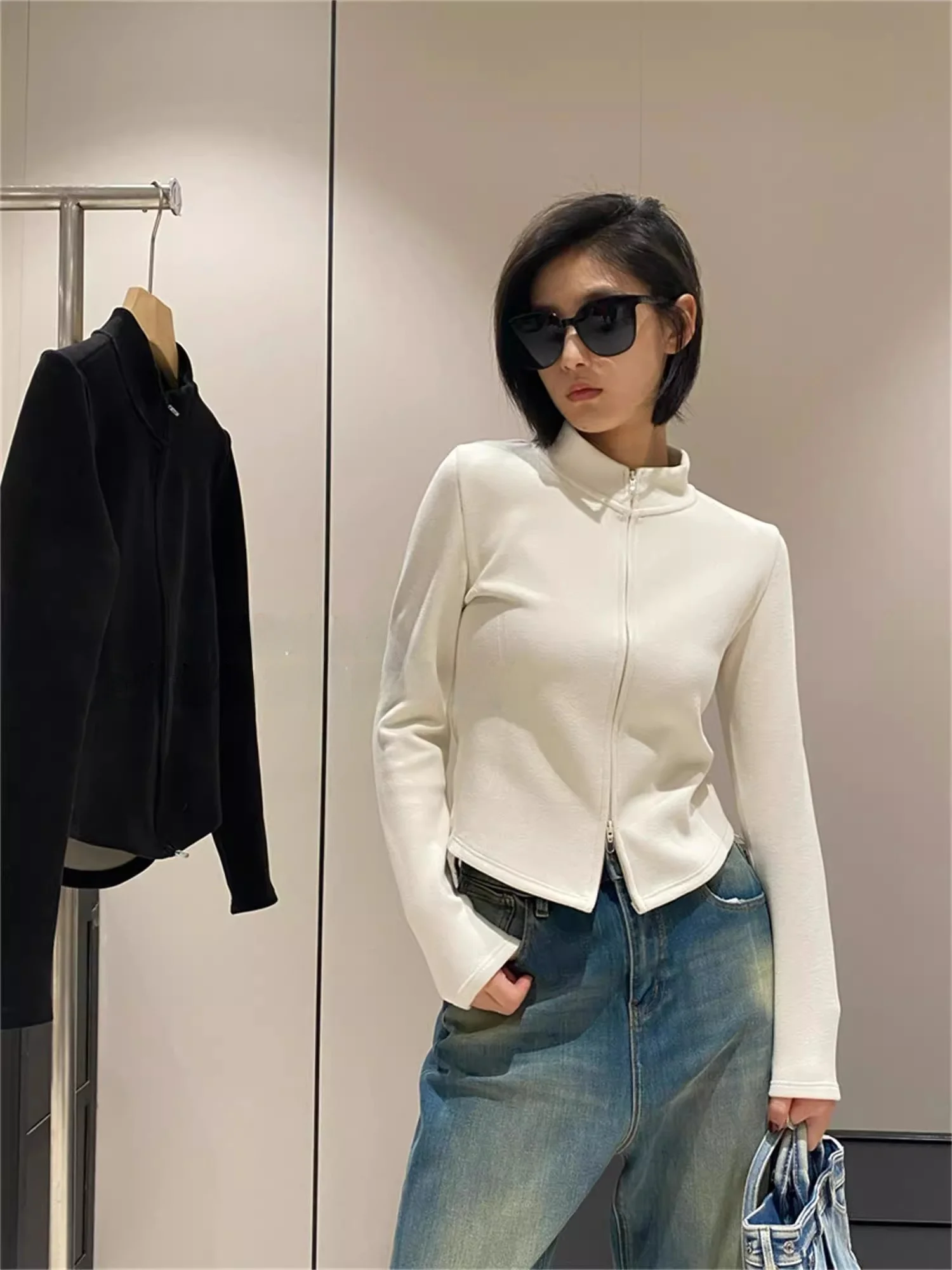 

in BLUE aphene Heated Jaet Women's Zipper Hoodie Outerwear Slim Fit Korean Sle Casual Wear ort Length Pure Color
