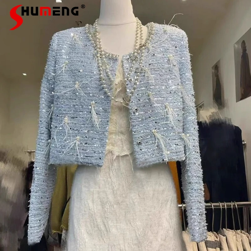 

Socialite Small Fragrant Sequin Feather Short Style Coats Women 2025 Autumn Winter New Super Beautiful Tops Female Chic Jackets
