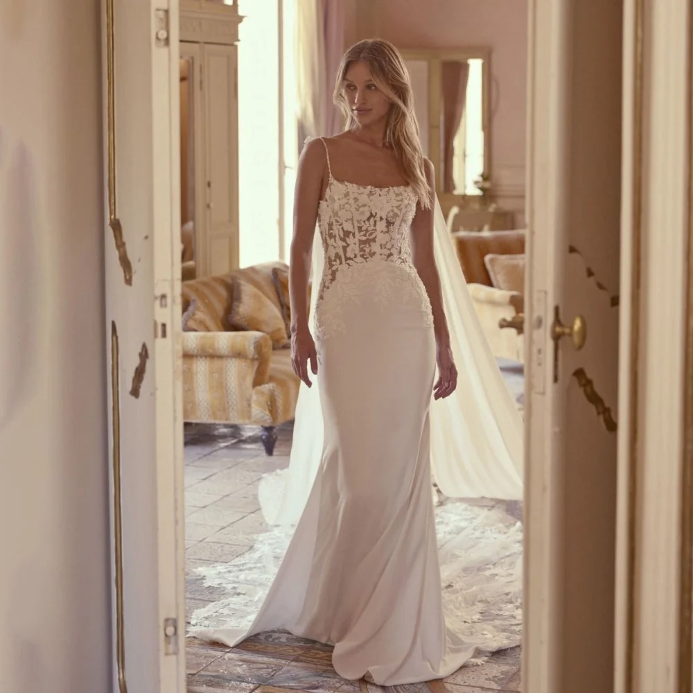 Robe De mariée personnalisée, bretelles Spaghetti, charmante, col rond, avec des appliques en dentelle, robe De mariée