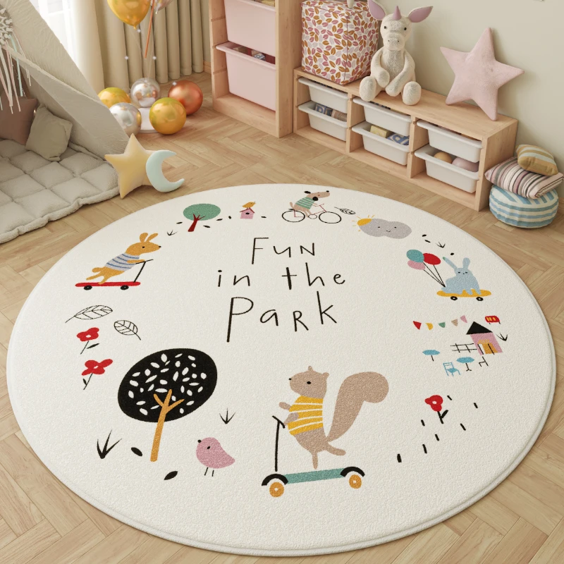 Tapis de décoration de salon de style dessin animé, moelleux, doux, peluche, papier lea, tapis ronds pour chambre à coucher, optique de grande