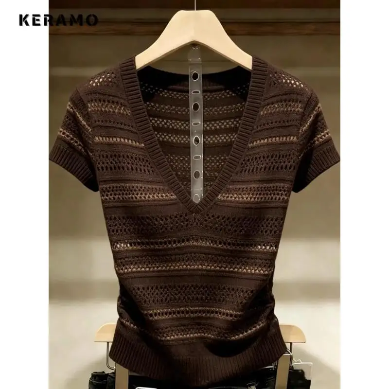 

Women's V-Neck Short Sleeve Knit Top Summer Casual Striped Hollow Out Crochet Blouse Lightweight Breathable Tee Shirt