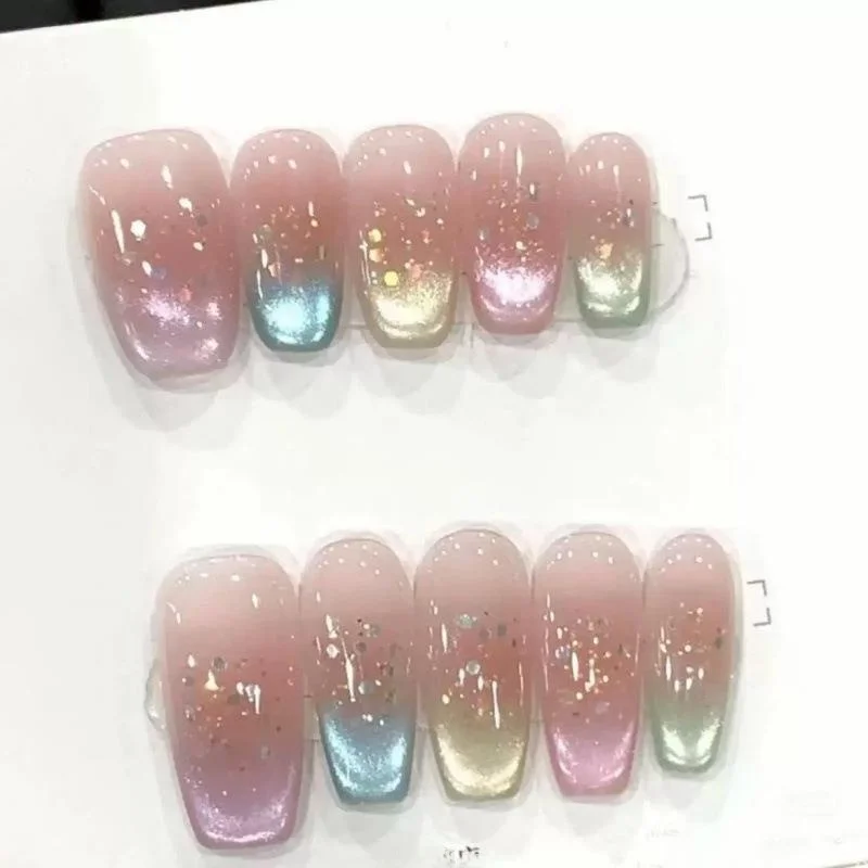 手作りレインボーキャットアイフェイクネイルシャンパンゴールドグリッターホワイト春夏美容ネイルシート装着可能なつけ爪