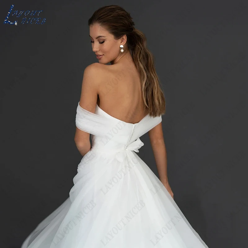 LAYOUT NICEB Organza strapless trouwjurken vrouwen off-shoulder thee-lengte bruidsjurk rugloze prinses gewaad de Mariée A-lijn Organza strapless trouwjurken vrouwen off-shoulder thee-lengte bruidsjurk rugloze prinses g