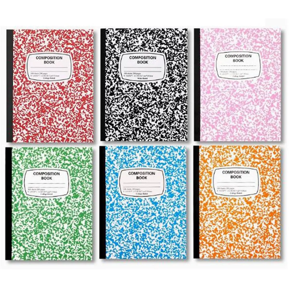 Eco-friendly Composition , Wide Ruled Paper,190x247mm, Assorted Marble Covers, 6 Per Pack, Different Colors