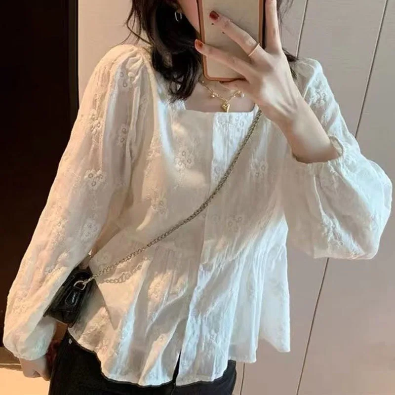 Sweet Fashion Women\'s Square Collar Embroidery Blouse Lantern Sleeve Solid Color Korean Button Shirt Spring Female Clothing New