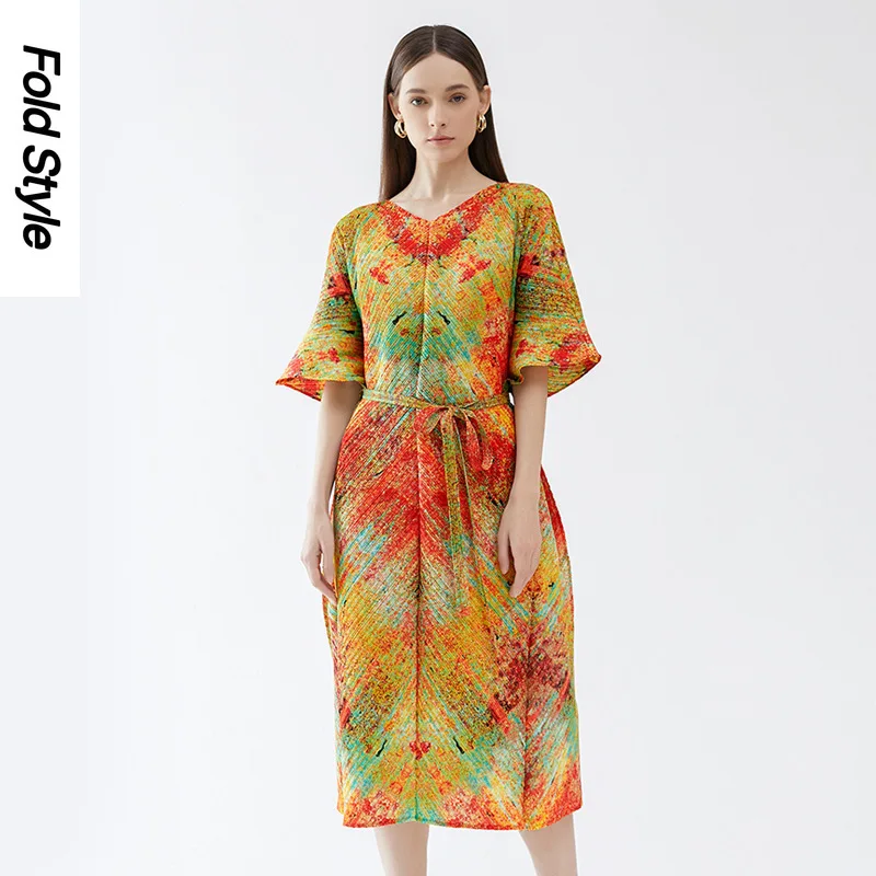 2024 Spring and Autumn Korean Edition Women's Square Neck, Waist Wrap, Elegant Long Print, Loose and Luxury Dress, Women's Wear