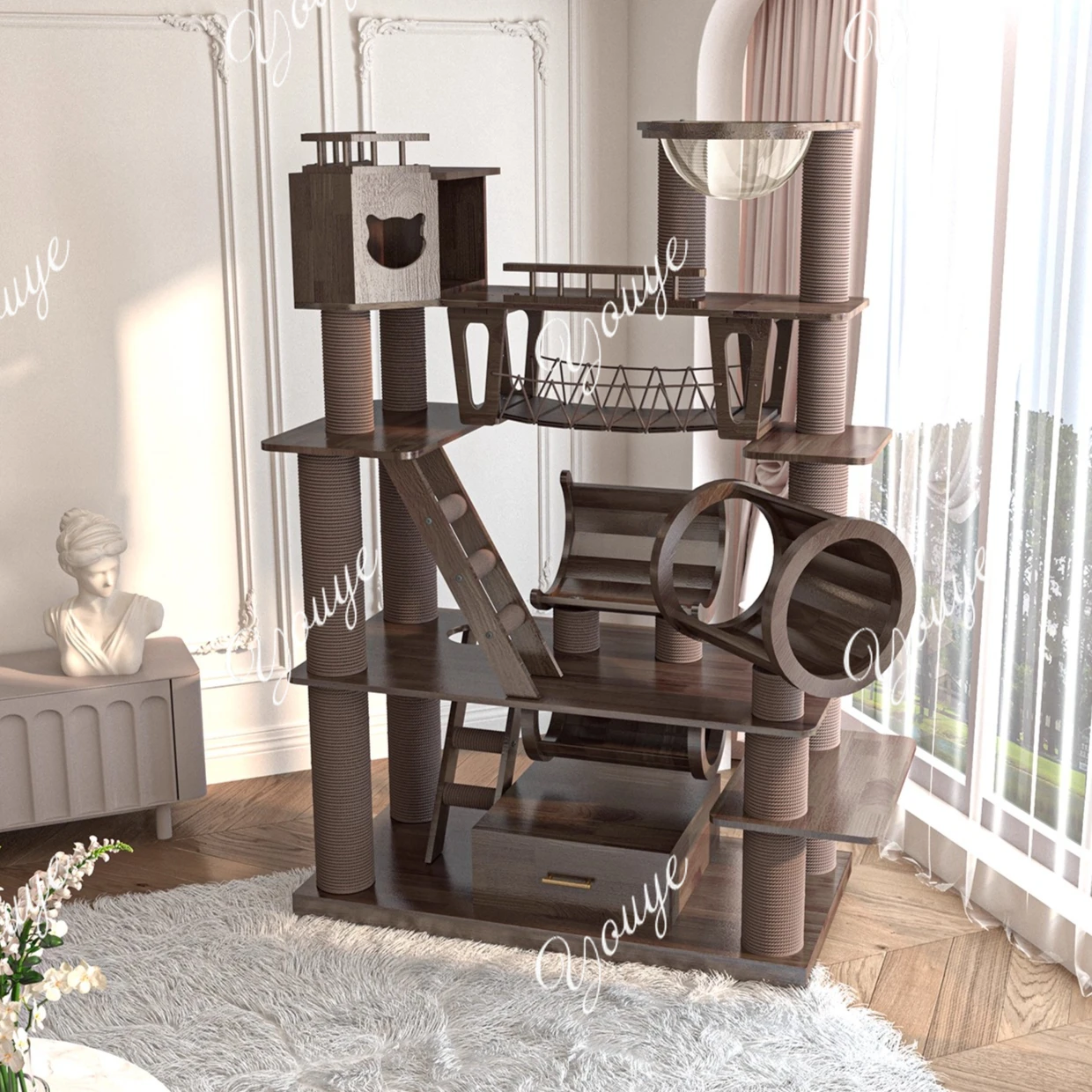 

Large solid wood cat climbing frame nest integrated cat castle lacquered black walnut color