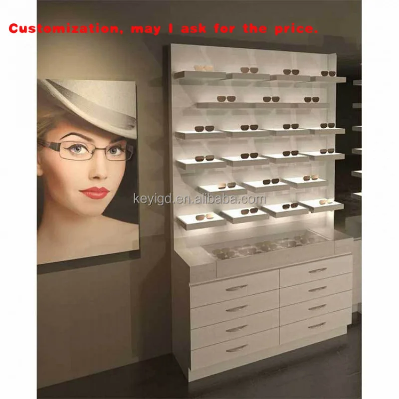 custom.MDF Glass Wall-Mounted Optical Display Cabinets LED Light Shelf Drawer Sunglasses Retail Store Shop Disp