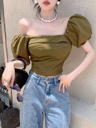 2024 Summer Gyaru Blouses Square Collar Puff Sleeve Solid Color Design Shirts Female Slim Crop Tops All Match Women's Clothing