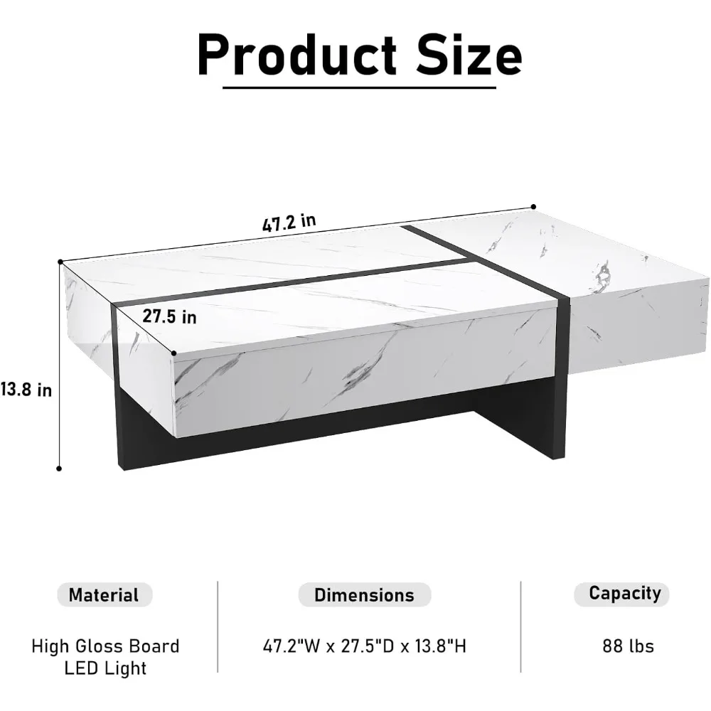 LED 조명이 달린 커피 테이블, 모던 글로스 커피 테이블, 보관 서랍이 있는 대형 LED 커피 테이블, 중앙 테이블