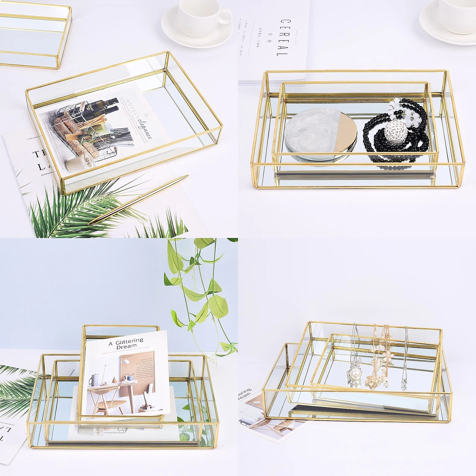 Gold Rim Glass Storage Tray - Organizer for Cosmetics, Jewelry, Aromatherapy, Tea Cup & Mirror Decor