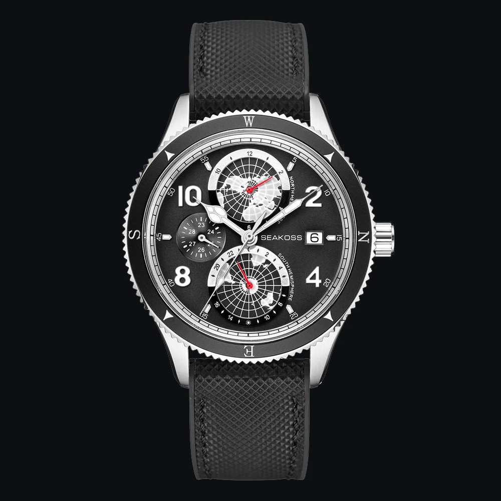 SEAKOSS 100M Jam Tangan Mekanis Otomatis Bumi Pria Menyelam C3 Jam Tangan Tampilan Bulan Tahun 24 Jam Kalender Safir Bercahaya