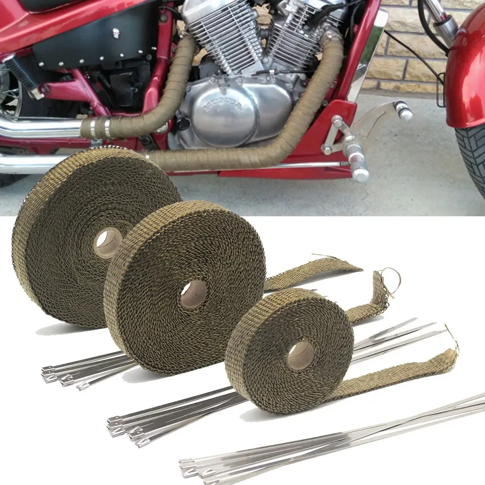 50mm*5/10/15M  Titanium Exhaust Header Heat Wrap Roll Thermal Resistant Downpipe Fiberglass Shield Stainless Ties Motorcycle Car