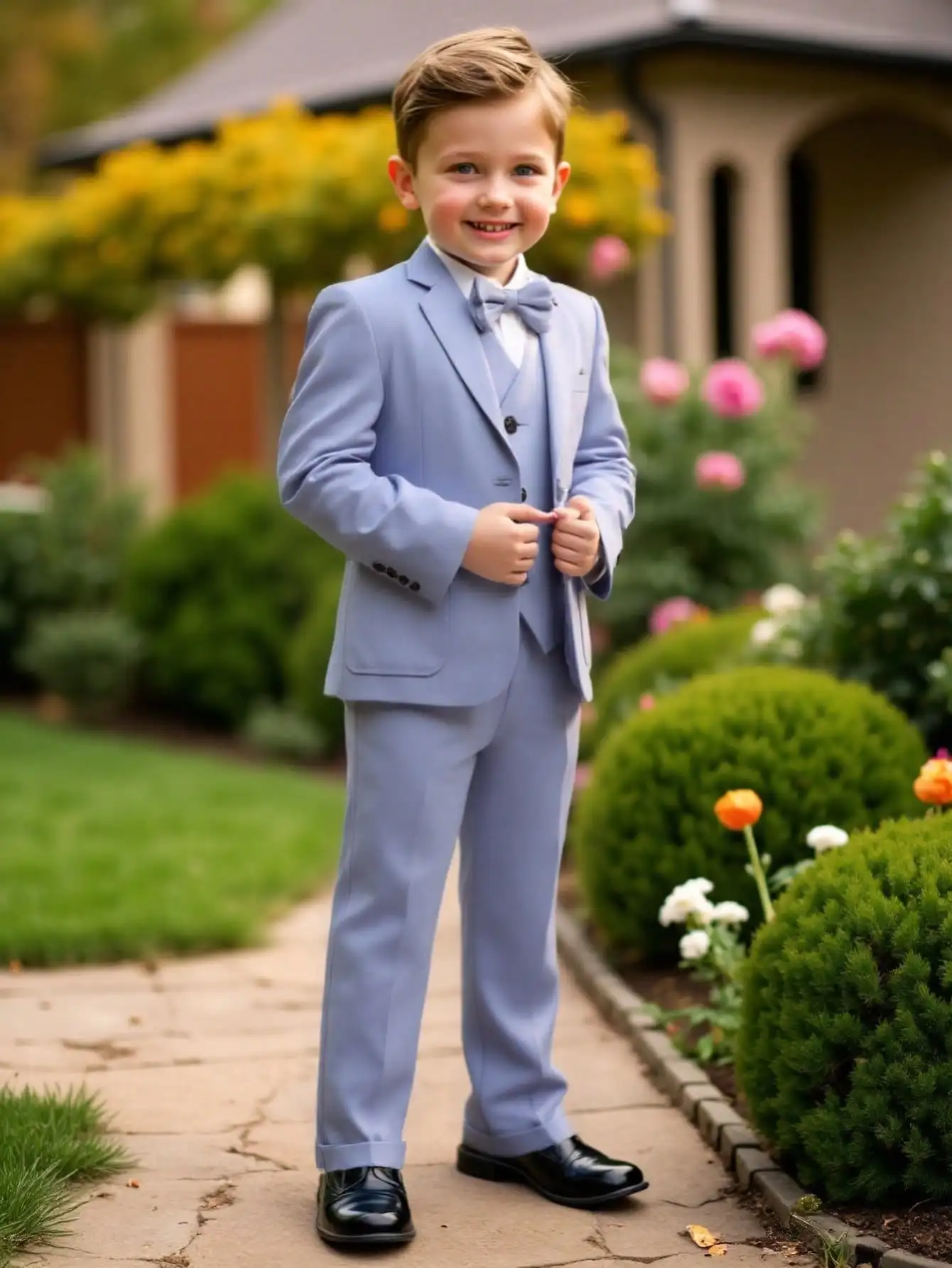 

3-Piece Light Blue Formal Suit Set for Boys: Blazer, Vest, Pants with Bow Tie