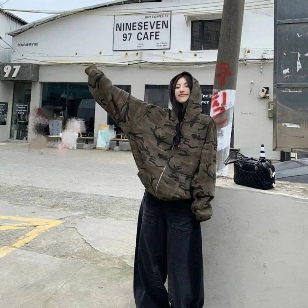 Women's Hoodies Autumn Retro Camouflage Jacket Loose Lazy Hooded Sweatshirt With Zip Long Sleeve Design Sense Top