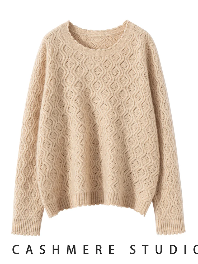 

Chic 100% Cashmere Knitted Jacquard Sweater Women's Hollow Pullover O-Neck Autumn Winter Solid Color Soft Fashion Casual Tops