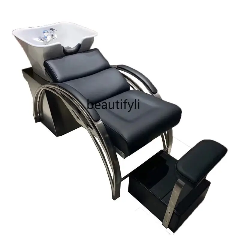 

High-Grade Shampoo Chair Hair Saloon Dedicated Stainless Steel Half Lying Salon Bed Ceramic Deep Basin Hair Salon Flushing Bed