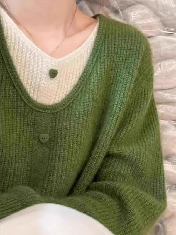 

Sli Lazy Sle вязаный свитер с v-образным вырезом для женщин осень-зима новая корейская система уникальный мягкий теплый топ модный вид из двух предметов