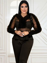 Plus Size Sheer Mesh Top For Women Black Long Sleeve See Through Tee Shirt Blouse Ruffles Pullover V Neck  Club Night Clothing