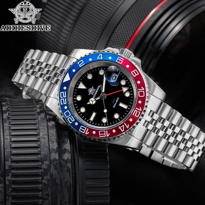 ADDIESDIVE Men’s Quartz Watches Stainless Steel GMT Movement Analog Wristwatch BGW9 Luminous 200m Waterproof Dive Sports Watches