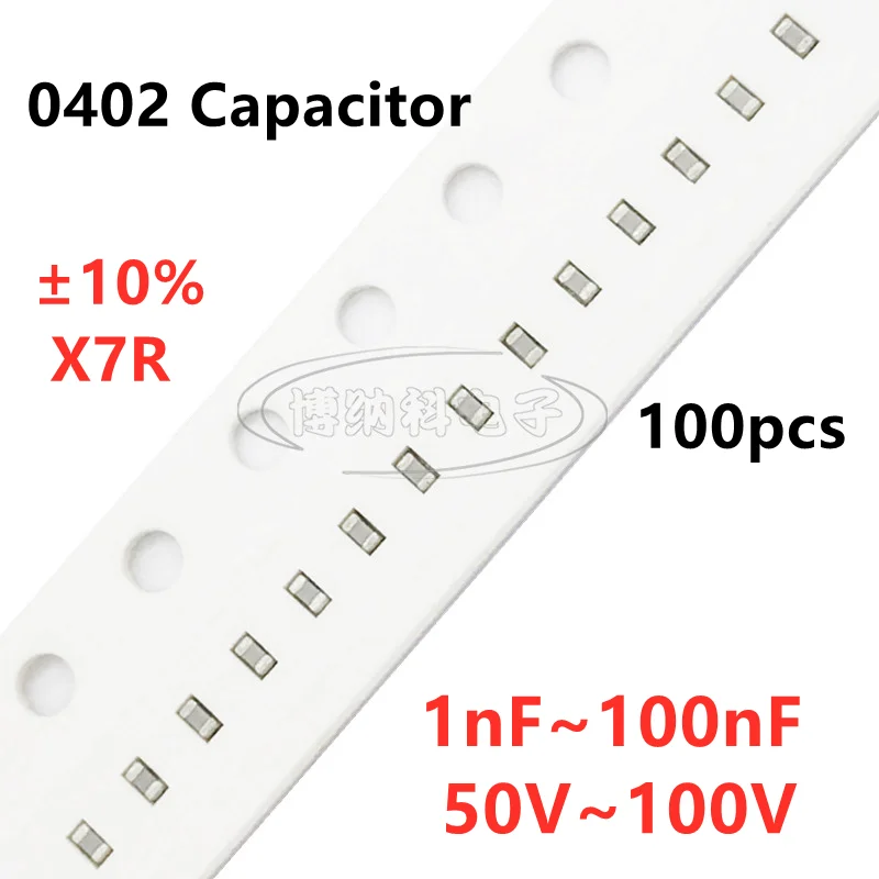 100pcs 0402 SMD Capacitor 1/1.2/1.5/1.8/2.2/2.7/3.3/3.9/4.7/5.6/6.8/8.2/10/12/15/18/22/27/33/39/47/56/68/82/100NF 100V 10%  X7R