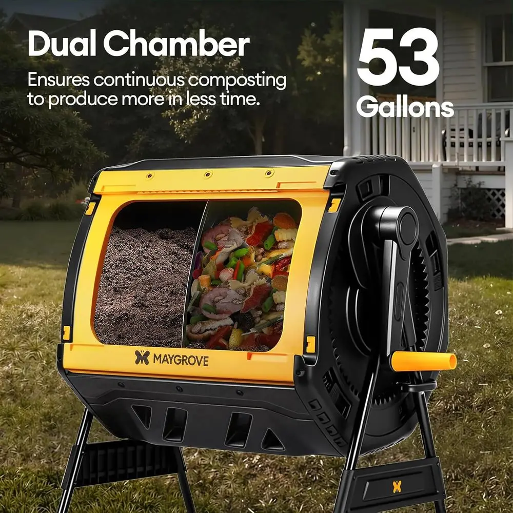 53 Gallon Dual-Chamber Outdoor Compost Tumbler with 360° Rotation and Solid Steel Frame