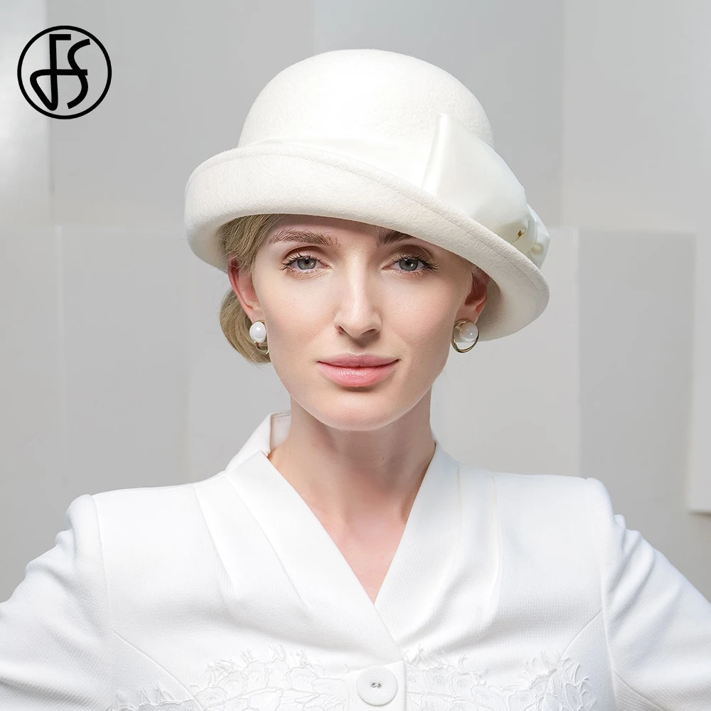 FS Luxury Winter Top Hats For Woman Wedding White Elegant Church Cocktail Tea Party Cap Ladies Curl Brim Wool Fedoras 2024