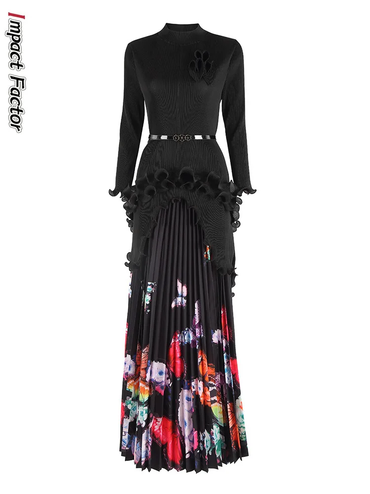 

Miyake pleated premium round neck irregular pullover top set women's butterfly print floor mopping long skirt two-piece set