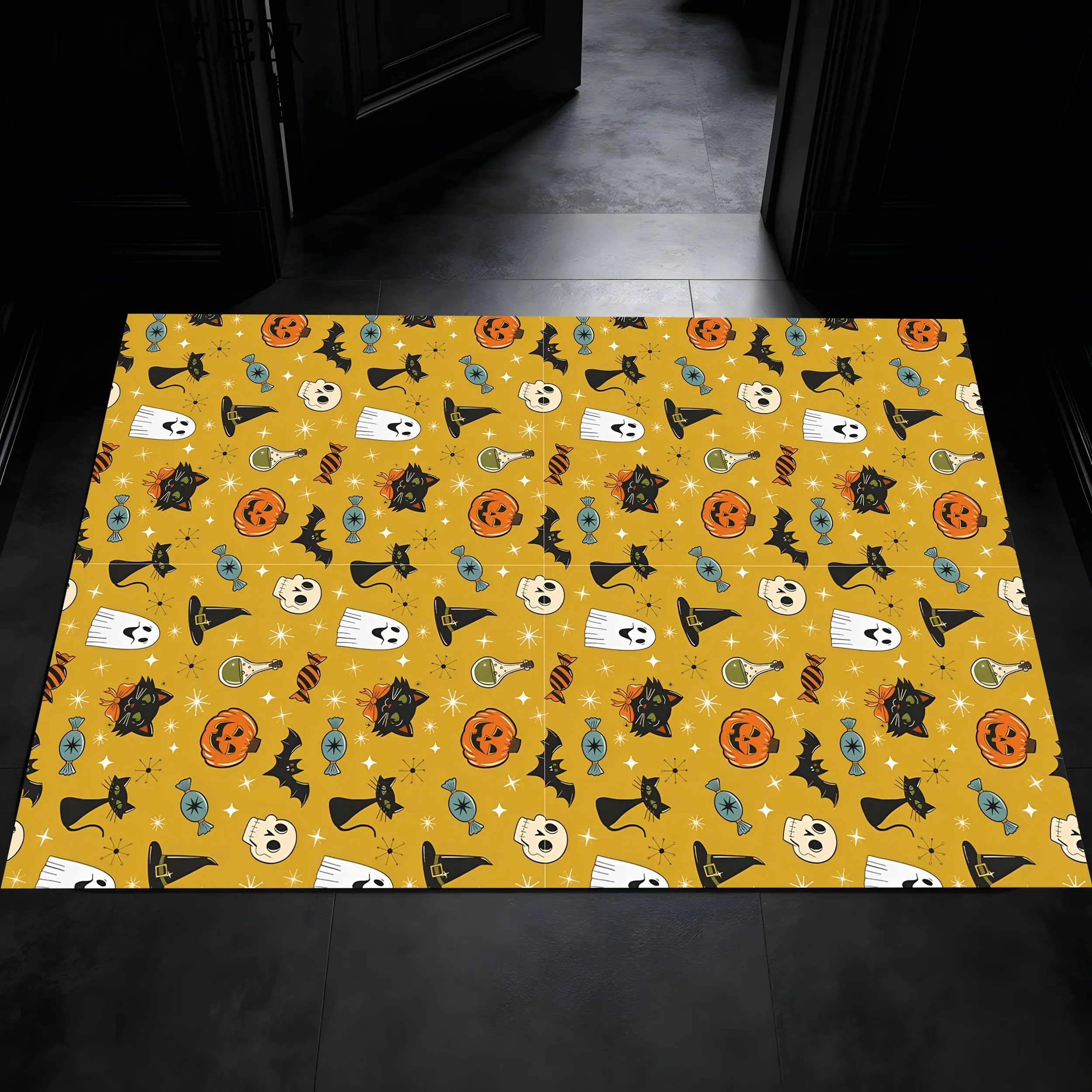 2D Large Carpet Halloween Pumpkin Ghost Black Cat Cartoon Print Fun Bright Eye Catching Creating Spooky Halloween Atmosphere