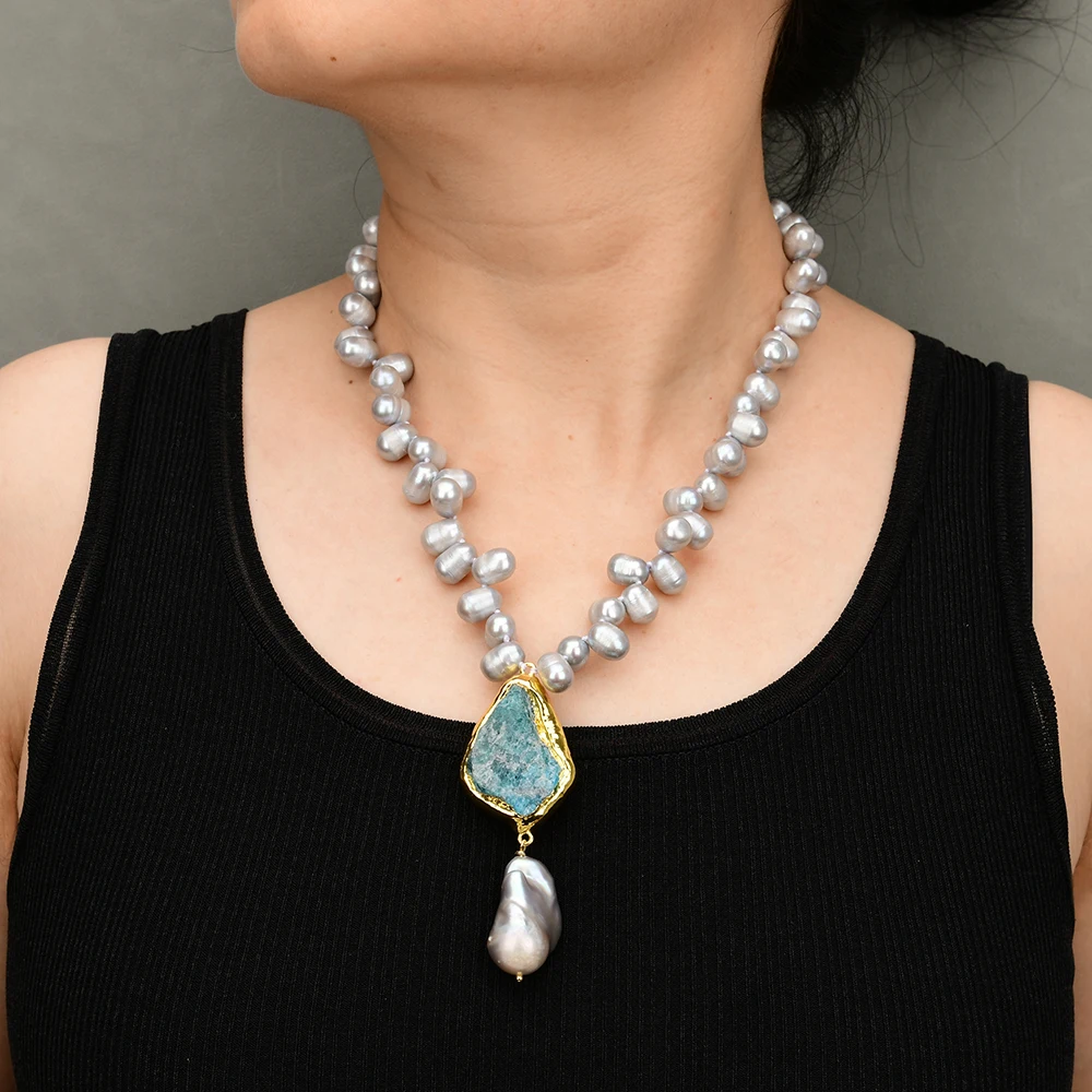 G-G Freshwater Cultured Gray Pearl Choker Necklace Blue Apatite Rough Baroque Pearl Pendant Lady Jewelry Gifts