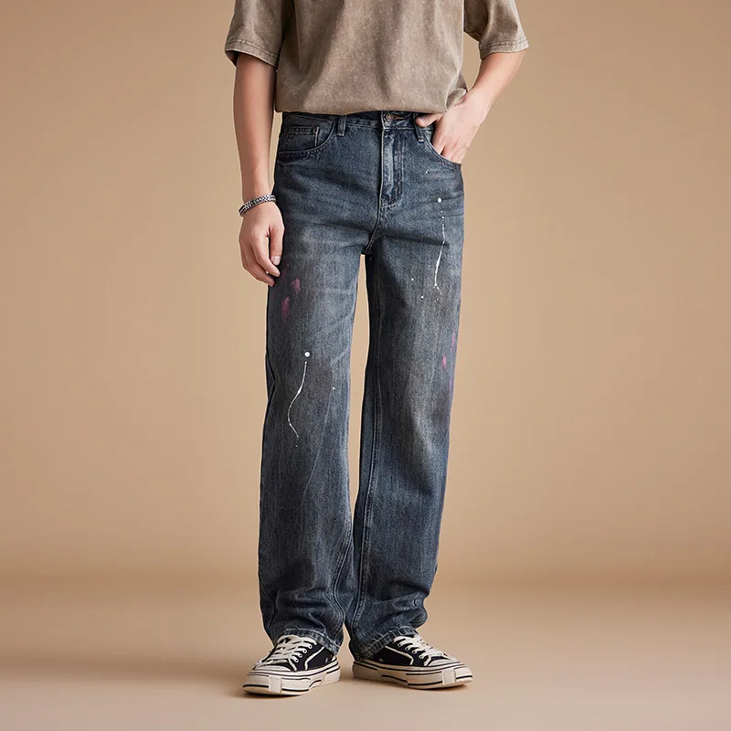 

Men Streetwear Graffiti Paint Dirty Denim Fashion Hip Hop Loose Casual Wide Leg Baggy Jeans Pants Campus Boys Y2k Jeans Trousers