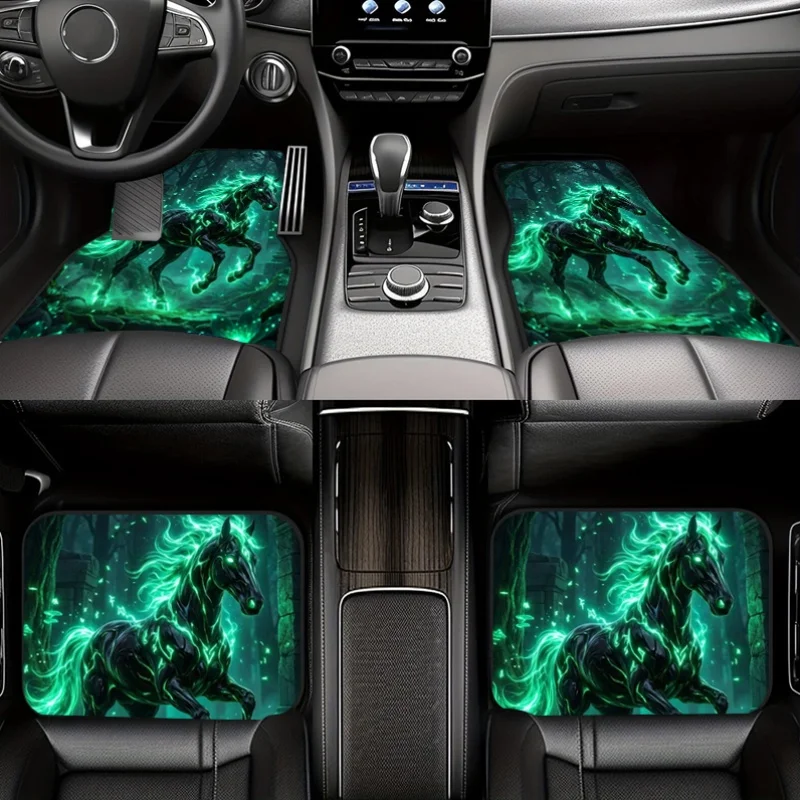 4pcs Neon Green Magical Forest Galloping Horse Print Car Foot Mats, Universal Car Interior Mats, Durable Polyester Fiber