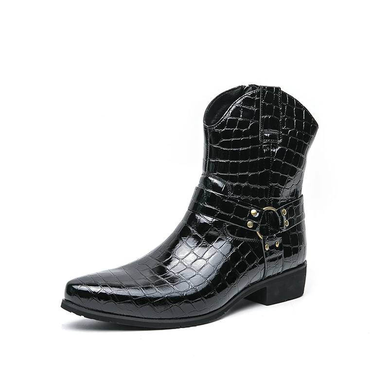 

Trendy Snake Patterned Chelsea Boots for Men Genuine Leather Pointed Toe Zipper Short Boots Party Business Dress Shoes Zapatos