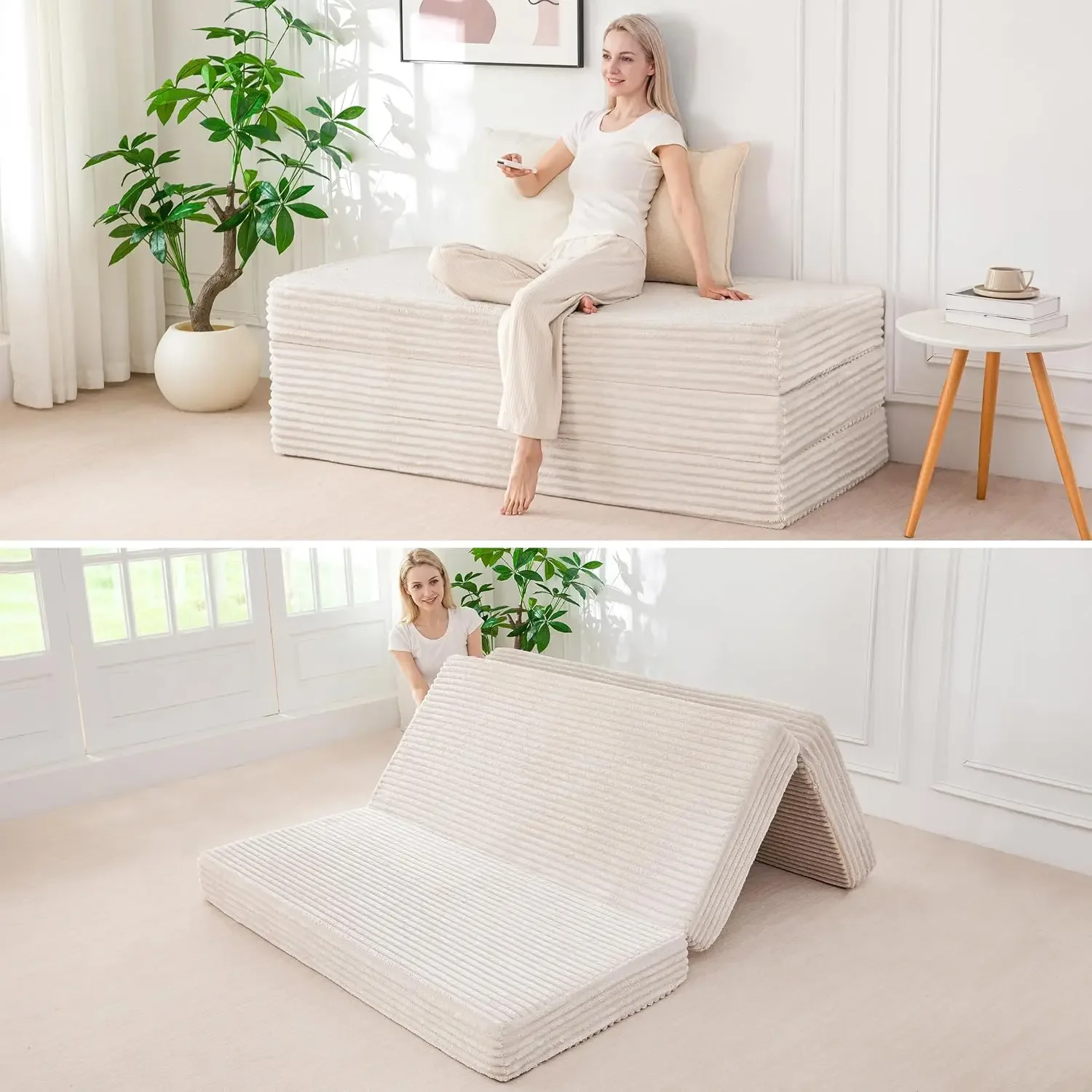 Thick Corduroy Tri-Folding Mattress, 6 Inch Gel Folding Mattress Topper, Foldable Sofa Couch Soft Guest Bed Camping Pad, with Wa
