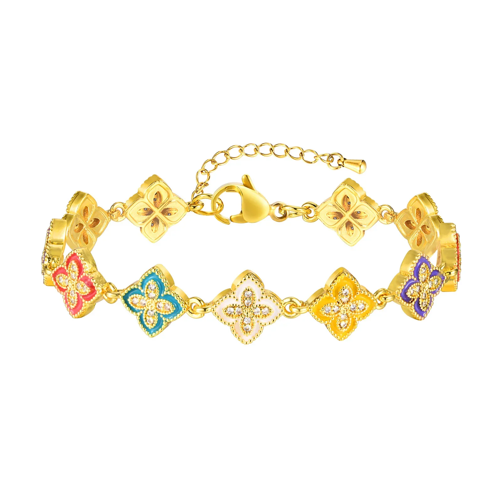 مادة النحاس أنيقة أربع أوراق البرسيم سوار للنساء زركونيا زهرة الإسورة الحظ هدية الصداقة شقيقة المجوهرات