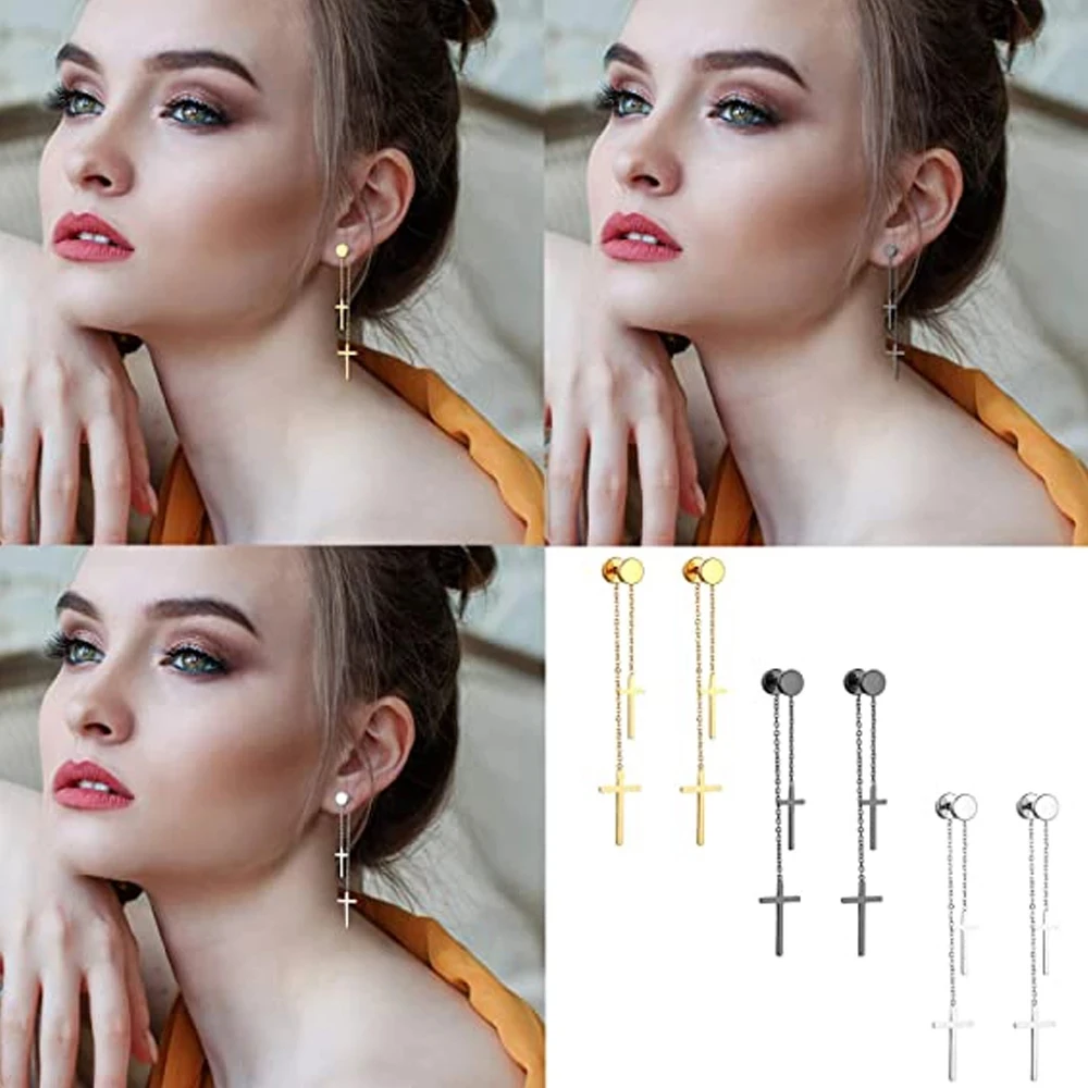 3 Pairs of Stud Earrings Cross Pendant Stainless Steel Round Double Cross Tassel Ear Pierced Earrings Set